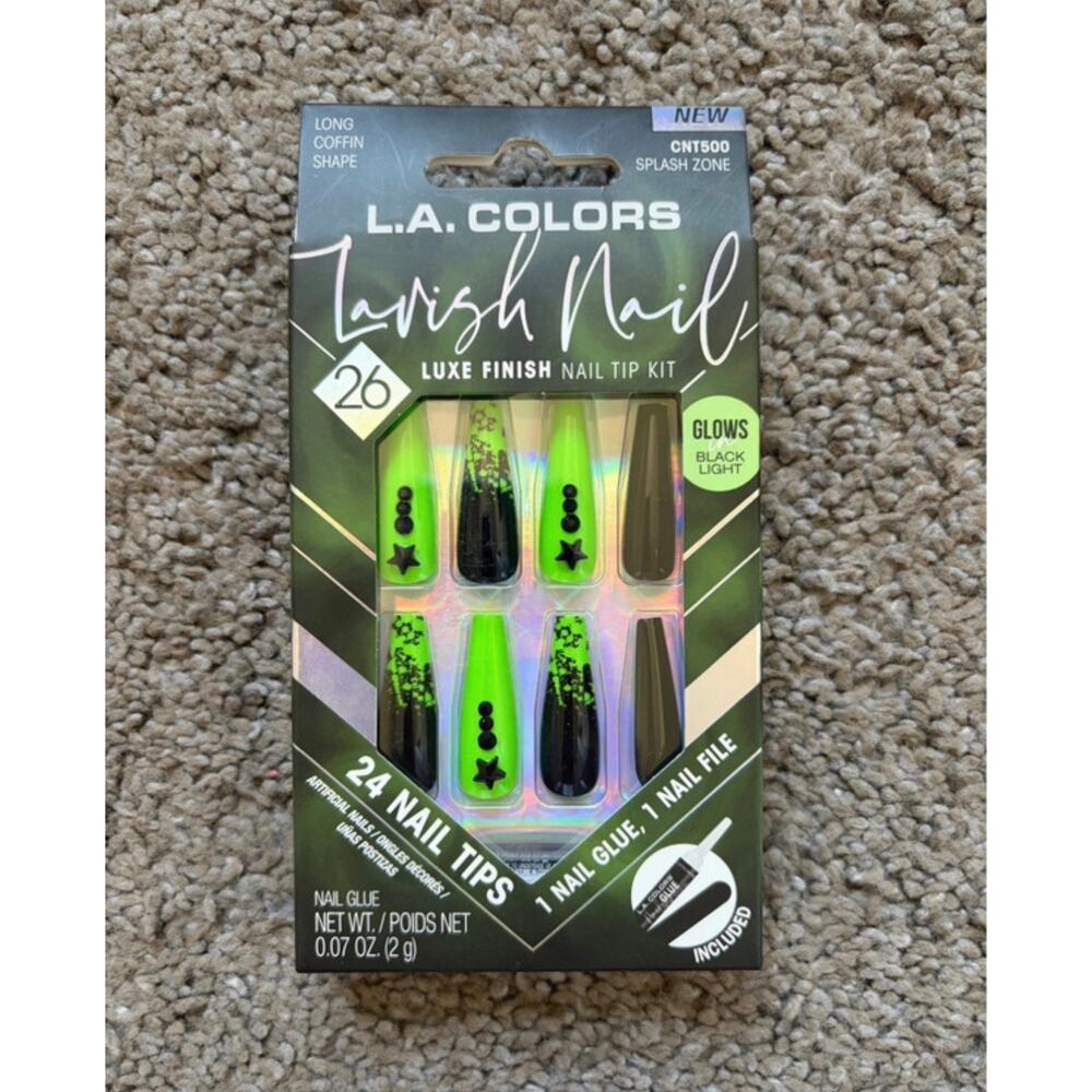 L.A. Colors Lavish Nails Black and Green Halloween Long Coffin Shape Fake Nails